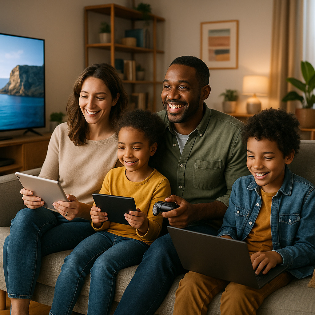 Happy family enjoying fast internet at home